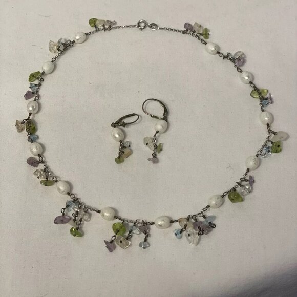 Elegant Multicolored Natural Gemstone Faux Pearl 16" Choker Matching Earring 925 - Picture 2 of 9